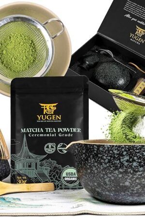 YUGEN MATCHA 7 Piece Matcha Whisk Set, Includes 30g Ceremonial Grade Matcha Powder, Metal Sifter, Bamboo Whisk, Whisk Holder, Bamboo Spoon, Tea Cloth, Matcha Bowl, Tea Set, Ceremony Set
