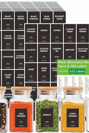 432 Removable Spice Labels, 396 Pre-Printed Herb Seed Seasoning Sauce Oil Vinegar Stickers, 36 Blank Ones, Waterproof Oil&Tear Resistant, No Residue for Kitchen Pantry Containers Jars(White on Black)
