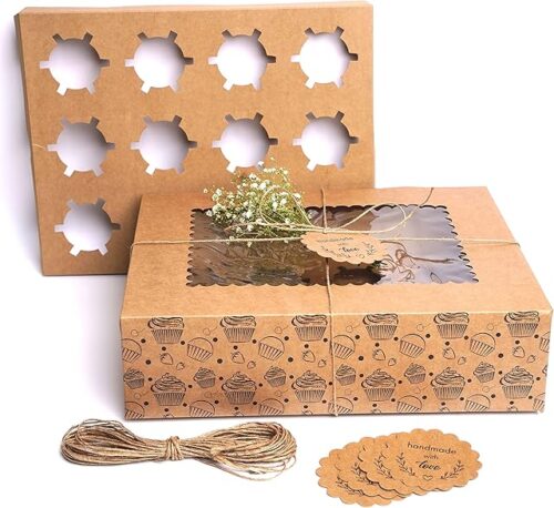 (10-Pack) Cupcake Boxes Bulk | Cupcake Holder with Lid | Disposable Cupcake Containers | Food Grade Kraft Bakery Boxes with Window to Fit 12 Cupcakes, Cookies, Muffins ,Pastry, Long Treats