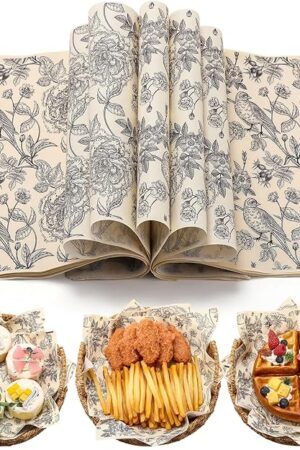 150 Pcs Deli Wax Paper Sheets for Food 8 x 10 Inch Greaseproof Waterproof Sandwich Wrapping Paper Basket Liner for Outdoor Picnic Beach Wedding Birthday Baby Shower(Flower Bird)