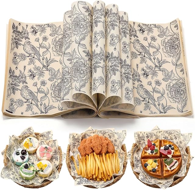 150 Pcs Deli Wax Paper Sheets for Food 8 x 10 Inch Greaseproof Waterproof Sandwich Wrapping Paper Basket Liner for Outdoor Picnic Beach Wedding Birthday Baby Shower(Flower Bird)