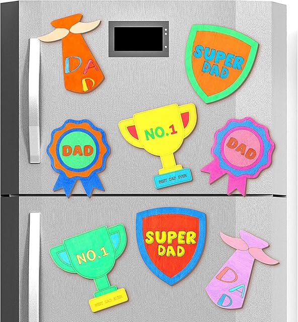 The Kingdder 8 Pcs Father's Birthday Trophy Paint Craft Kits Color Your Own Dad Trophy Craft Kits Wood Fridge Magnet Gift Wooden Fun Art Painting Fridge Magnet for Dad Gift Family Party Decor