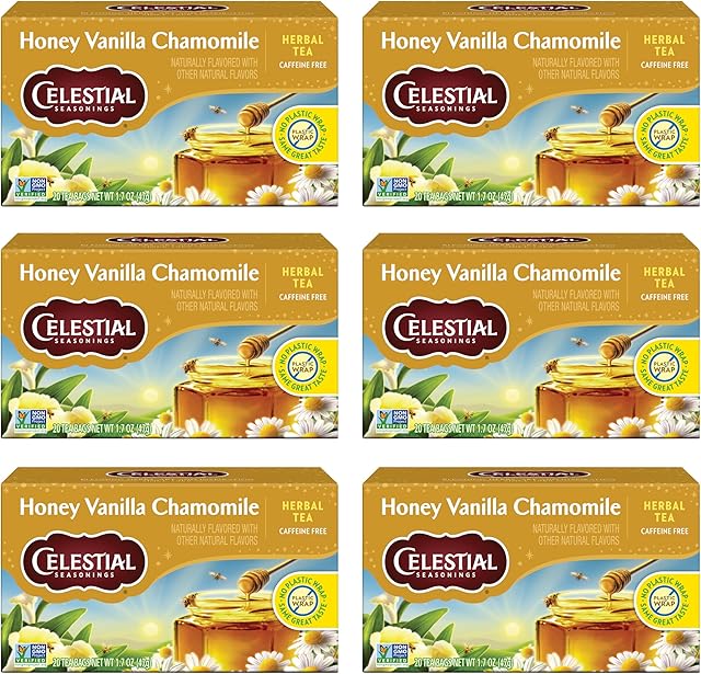 Celestial Seasonings Chamomile Tea Bags - Honey Vanilla Herbal Tea, Caffeine Free, 20 Bags Per Box (Pack of 6)