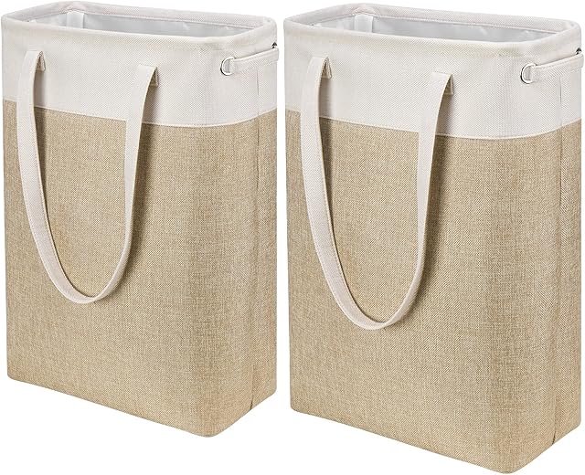 Laundry Hampers Tall Slim Laundry Baskets Thin Foldable Clothes Narrow Hamper for Laundry Storage Organizer Collapsible Hamper with White and Brown Imitated Burlap Patchwork,QY-SC24-2
