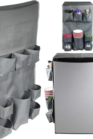 Classic Design – Dorm and office Double Over the Fridge Caddy Organizer, 11 Pocket Storage and Paper Goods Organizer, Flatware Storage Organizer, Gray
