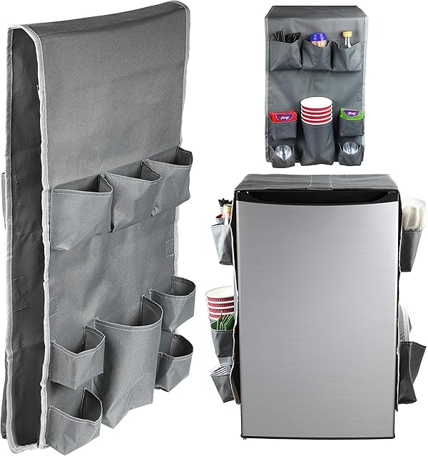 Classic Design – Dorm and office Double Over the Fridge Caddy Organizer, 11 Pocket Storage and Paper Goods Organizer, Flatware Storage Organizer, Gray
