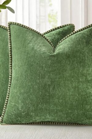 decorUhome Fall Chenille Soft Throw Pillow Covers 18x18 Set of 2, Farmhouse Velvet Neutral Decorative Euro Pillow Covers with Stitched Edge for Couch Sofa Bed Home Decor, Forest Elf
