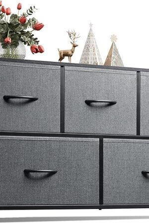 WLIVE Dresser for Bedroom with 5 Drawers, Wide Chest of Drawers, Fabric Dresser, Storage Organizer Unit with Fabric Bins for Closet, Living Room, Hallway, Dark Grey