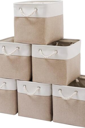 11 x 11 Inch Cube Storage Bins, 6 Pack Large Collapsible Fabric Storage Bin with Ropes, Foldable Storage Cubes for Home, Office,Closet, Clothes, Toys Organizer (White & Beige-11"x11"x11")