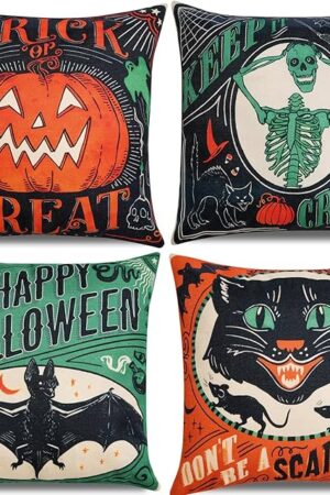 Vintage Halloween Decor-Throw Pillow Covers 18x18 in set of 4,Retro Linen Pillow Case with Scaredy Cats Pumpkins Skull Bats for Couch Fall Holiday Outdoor Burnt Orange Green Black Decorations