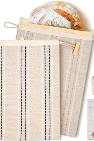 Beeswax Bread Bags for Sourdough (2 Pack), Sourdough Bread Bags with Removable Beeswax Lining, Cute Cleaning Sponge and Friendly Guide for Beginner, Food Storage Container for Sourdough