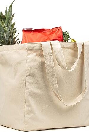 VeraMia Canvas Grocery Bag 3pc XL Set with Real Pockets, Long Shoulder Strap and Short Handle. Heavy Duty, Foldable, Washable