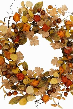 Artificial Fall Wreath for Front Door Autumn Wreath with Golden Eucalyptus Leaves,Oak Leaves for Indoor Outdoor Farmhouse Home Wall Window Festival Wedding Decor