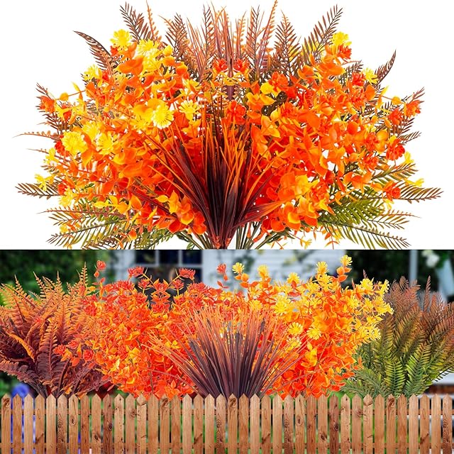 20 Bundles Artificial Fall Flowers, Fake Autumn Plants for Thanksgiving Outdoor UV Resistant No Fade Faux Plastic Plants Garden Porch Window Box Decorating…