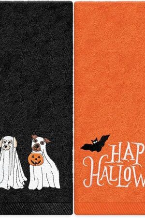 2Pcs Happy Halloween Hand Towels Embroidered Ghost Dogs Cotton Bathroom Towels Halloween Dish Towels for Drying Cleaning Cooking Gift, 29.5 x 13.7 Inch