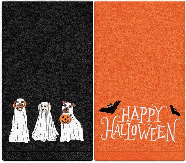 2Pcs Happy Halloween Hand Towels Embroidered Ghost Dogs Cotton Bathroom Towels Halloween Dish Towels for Drying Cleaning Cooking Gift, 29.5 x 13.7 Inch