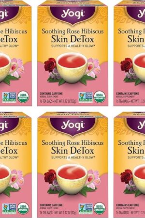 Yogi Tea Soothing Rose Hibiscus Skin DeTox Tea - 16 Tea Bags per Pack (6 Packs) - Organic DeTox Tea to Support Skin Health - Includes Green Tea Leaf, Rose Petal, Honeybush Leaf, Hibiscus & More