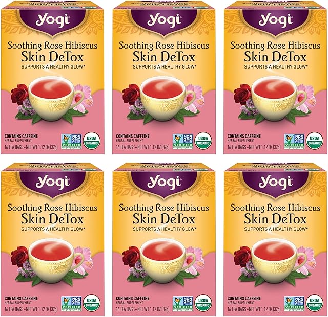 Yogi Tea Soothing Rose Hibiscus Skin DeTox Tea - 16 Tea Bags per Pack (6 Packs) - Organic DeTox Tea to Support Skin Health - Includes Green Tea Leaf, Rose Petal, Honeybush Leaf, Hibiscus & More