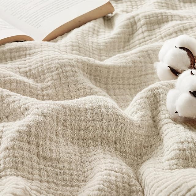 Bedsure 100% Cotton Muslin Throw Blanket Large 50x70 Inches - 4-Layer Breathable and Lightweight Thin Soft Summer Gauze Muslin Blankets for Adults, Linen Beige, Boho Cotton Throw for Couch
