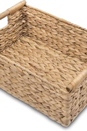 VATIMA Hyacinth Large Wicker Basket 15.5x10.8x6.2" - Rectangular, Wooden Handles, Shelf Organizer