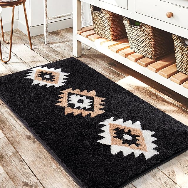 DEXDE Black Bathroom Rugs Mat 20x32, Aztec Boho Bath Rugs Long Western Non Slip Machine Washable Bath Mats Large Luxury Soft Absorbent Modern Carpet for Floor, Tub, Shower