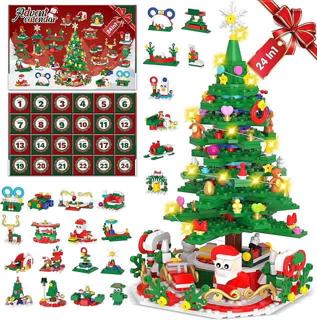 Advent Calendar 2025 for Kids Adults Teens, Christmas Countdown Calendar Compatible with Lego Christmas Tree with 2 Modes Play- Christmas Tree Building Blocks or 24 Small Models, Christmas Decor Xmax Gifts for Boys Girls