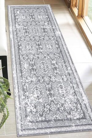 Vaukki Hallway Runner Rug, Vintage Shaggy Soft Laundry Rug Runner, Non Slip Entryway Mat, Washable Farmhouse Kitchen Area Carpet for Bathroom, and Bedroom (2' X 6', Grey)