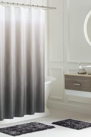 Creative Home Ideas – Ombre Bathroom Decor Set | 16 Pieces | Includes Shower Curtain, Liner, 2 Chenille Bathmats and 12 Hooks | Measures 70" x72" | White/Linen/Grey