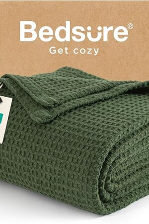 Bedsure 100% Cotton Blanket Queen Size for Bed - Cozy Soft Lightweight and Breathable, Basket Waffle Weave Blanket for Summer, Home Decor Gift for Women, Olive Green, 90x90 inches