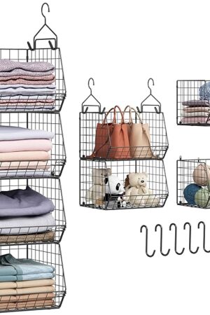 4 Tier Closet Hanging Organizer, Closet Organizers and Storage with 5 S Hooks, Closet Hanging Shelves & Freestanding Wire Storage Basket Bins, for Clothing Shoes Handbags Clutches Accessories Patent