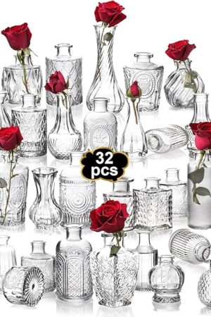Clear Bud Vases Bulk 32,Small Flower Vases for Wedding,Glass Vintage Vase Set for Centerpieces,Recepetion,Home