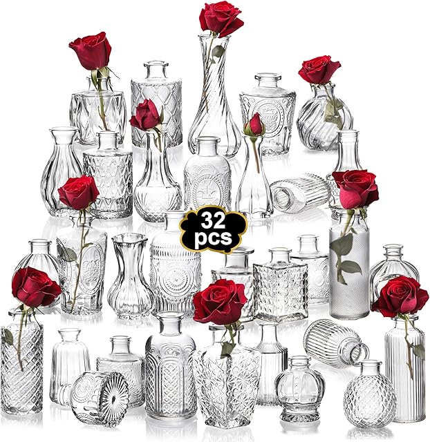 Clear Bud Vases Bulk 32,Small Flower Vases for Wedding,Glass Vintage Vase Set for Centerpieces,Recepetion,Home