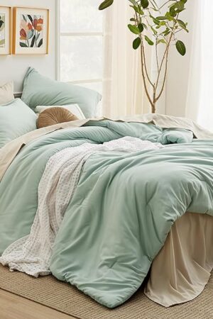 Bedsure Queen Comforter Set - 7 Pieces Sage Green Queen Bedding Set for All Seasons, Boho Contrasting Design Bed in a Bag with Comforter, Sheets, Pillowcases & Shams