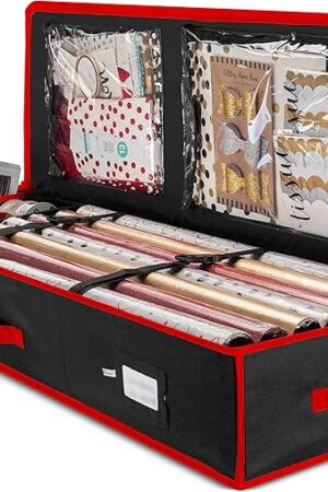 ZOBER Premium Storage Container, with Interior Pockets, fits 18-20 Standard Rolls, Gift Wrap Organizer and Under Bed Storage Bin for Bows, Ribbons, and Wrapping Paper, 40? Length - Tear-Proof Fabric