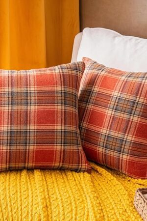 AQOTHES Fall Plaid Orange Throw Pillow Covers 18x18 Inch, Set of 2 Autumn Decorative Throw Pillows for Couch Sofa Bed Living Room Home Decor, Accent Pillow Cases for Farmhouse Couch Cushion Covers