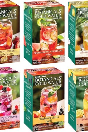Bigelow Botanicals Cold Water Infusion Herbal Variety Pack, Caffeine Free Tea with Cranberry, Watermelon, Blackberry, Strawberry, Peach & Blueberry Flavor, 18 Count Box (Pack of 6), 108 Total Tea Bags
