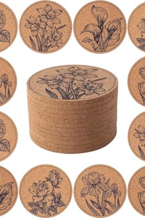 Coasters for Drinks 12 pcs Absorbent Cork Coasters with Flower Coaster for Coffee Table Housewarming Gifts for New Home Present for Friends, Living Room Decor, Apartment Decor