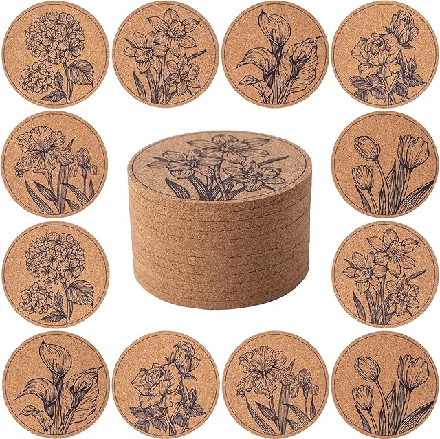 Coasters for Drinks 12 pcs Absorbent Cork Coasters with Flower Coaster for Coffee Table Housewarming Gifts for New Home Present for Friends, Living Room Decor, Apartment Decor