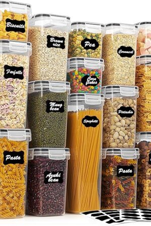 Vtopmart Airtight Food Storage Containers Set with Lids, 15pcs BPA Free Plastic Dry Food Canisters for Kitchen Pantry Organization and Storage, Dishwasher safe,Include 24 Labels, Black