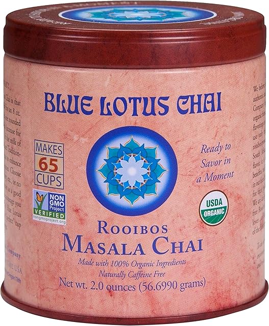 Blue Lotus Chai - Rooibos Flavor Masala Chai - Makes 65 Cups - 2 Ounce Masala Spiced Chai Powder with Organic Spices - Instant Indian Tea No Steeping - No Gluten