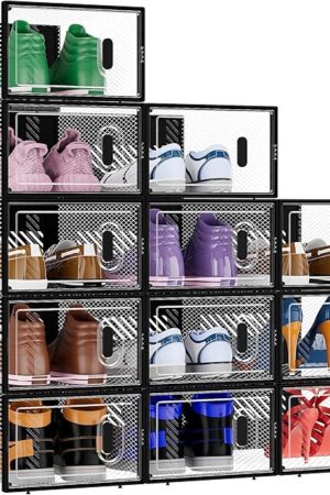 BALEINE 12 Pack Stackable Shoe Storage Boxes Fit Size 9, Thickened Clear Shoe Box Bins with Lids, Plastic Foldable Organizer Sneaker Storage Containers (Large, Black)