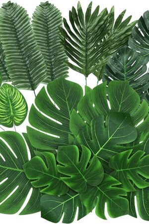74 Pcs 7 Kinds Artificial Palm Leaves Tropical Fake Leaves, Monstera Leaf for Safari Jungle Hawaiian Dinosaur Luau Party Table Decoration Wedding Birthday Theme Party