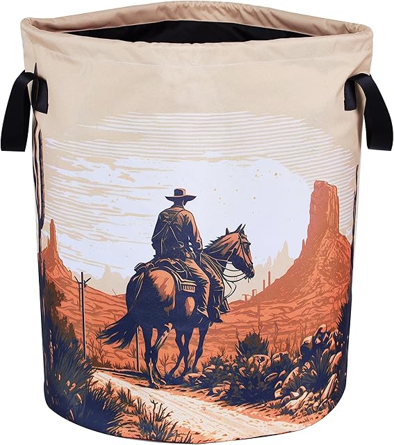 Western Cowboy Laundry Basket Desert Riding Foldable Oxford Cloth Funny Tote Bag Laundry Hamper Clothes Storage Bucket Organizer For Bathroom/Laundry Storage/Bedroom18.9x16.5 Inch