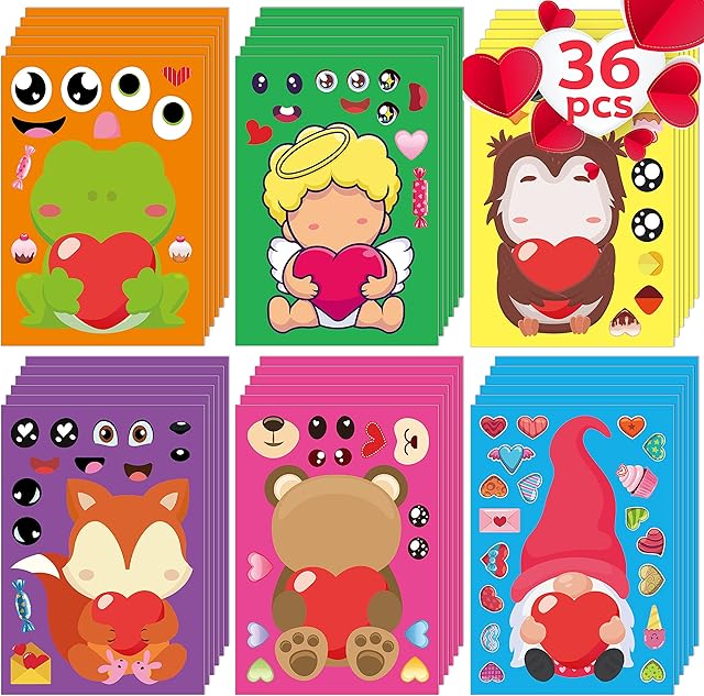 The Joy Bang Valentines Stickers for Kids 36 Sheets Make Your Own Face Stickers DIY Valentines Crafts for Kids Red Pink Heart Love Sticker Valentine’s Day Party Supplies Favors Gift Games