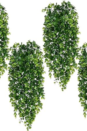 Waipfaru 4Pcs Fake Hanging Plants 2.7ft Fake Plants Eucalyptus Leaves UV Resistant Fake Vines Ivy Artificial Plants Outdoor Faux Plants Indoor Bedroom Living Room Boho Wall Porch Shelf Decor