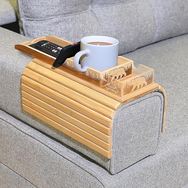 Bamboo Couch Cup Holder Tray – Non-Slip & Foldable Sofa Arm Table & Side Table for Living Room | Home Goods, Couch Accessories, Couch Console Tray