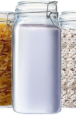 78oz - 3 Pack Square Glass Jars with Airtight Lid, Wide Mouth Mason Jars with Clamp Lids, Air Tight Glass Canisters, Best Food Storage Containers for Flour, Sugar, Cereal, Pasta, Rice, Coffee, Spice