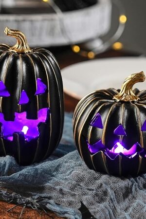 2Pcs Light Up Black Pumpkins for Halloween with Gold Lines, Small Jack O Lantern Pumpkins with Purple LED Light, Resin Halloween Pumpkin for Indoor Spooky Decor, Table (Battery Operated)