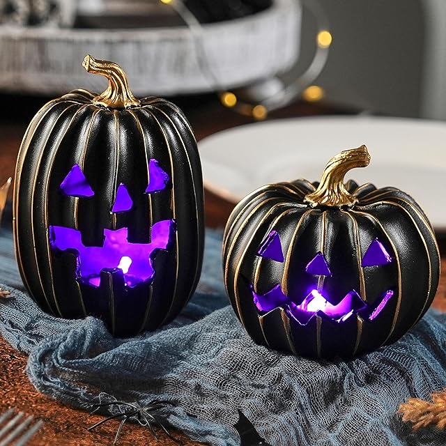 2Pcs Light Up Black Pumpkins for Halloween with Gold Lines, Small Jack O Lantern Pumpkins with Purple LED Light, Resin Halloween Pumpkin for Indoor Spooky Decor, Table (Battery Operated)