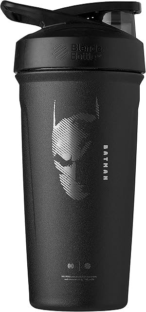 BlenderBottle Justice League Sport Insulated Stainless Steel Shaker Bottle with Wire Whisk, 24-Ounce, Batman – Protein Shakes & Hydration for Athletes & Fitness Enthusiasts, Easy Mixing, Keeps Drinks Cold, Lockable Lid